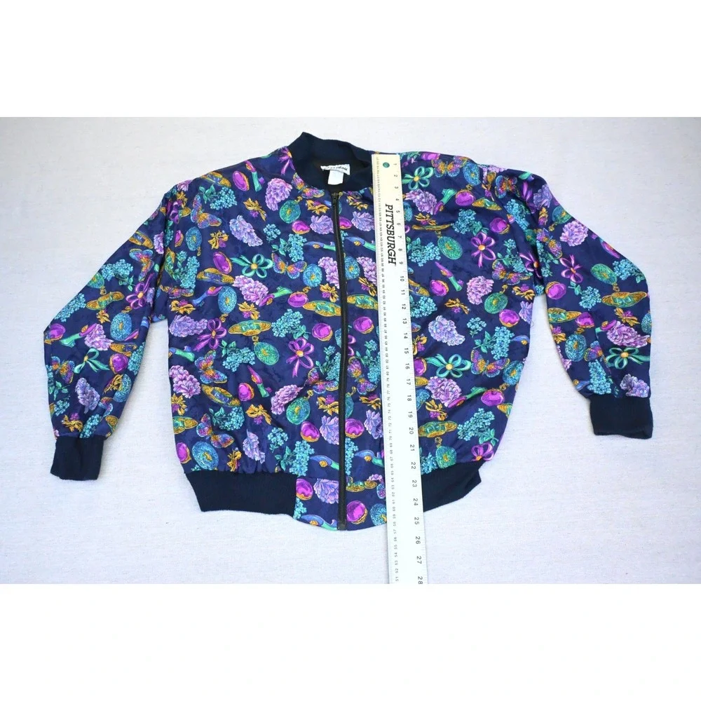 Vintage 90s Caribou Womens M Bomber Jacket Navy Perfume Print Zip Front Bold